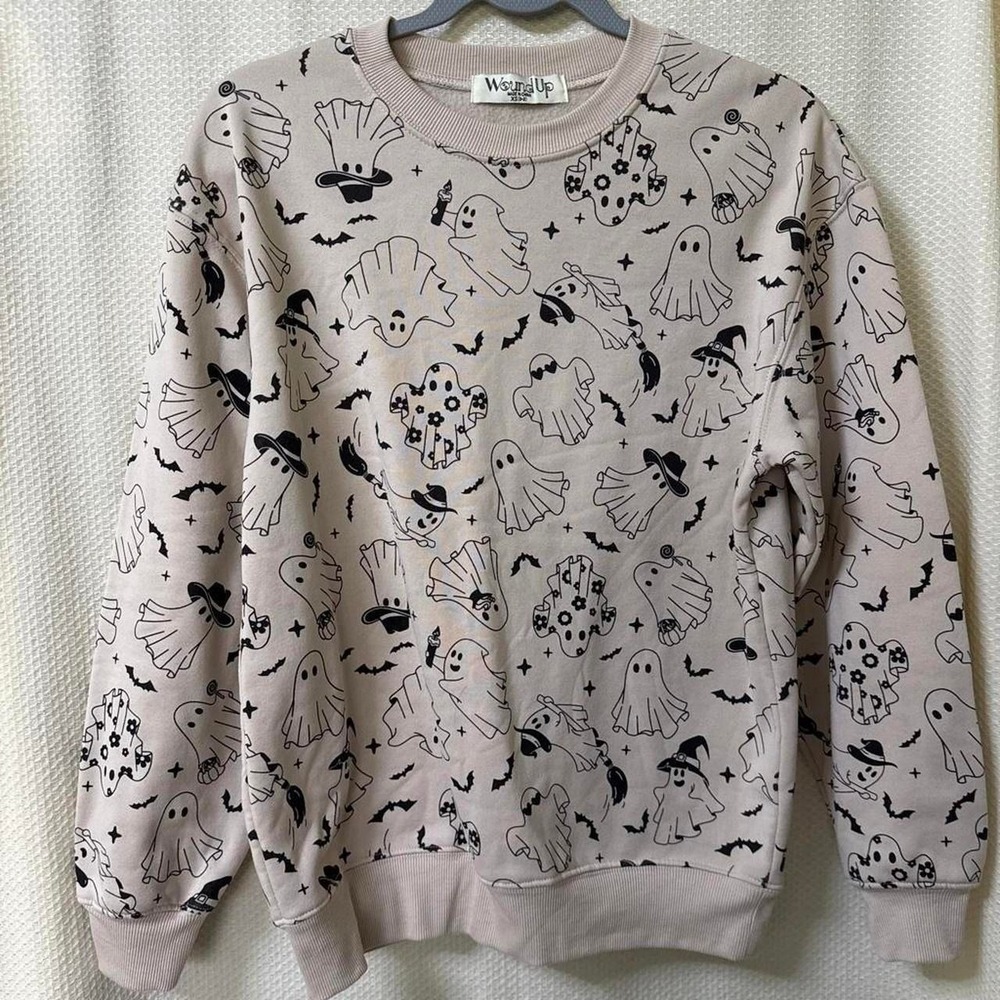 Wound Up Beige & Black Ghost Print Crewneck Sweatshirt - XS/S